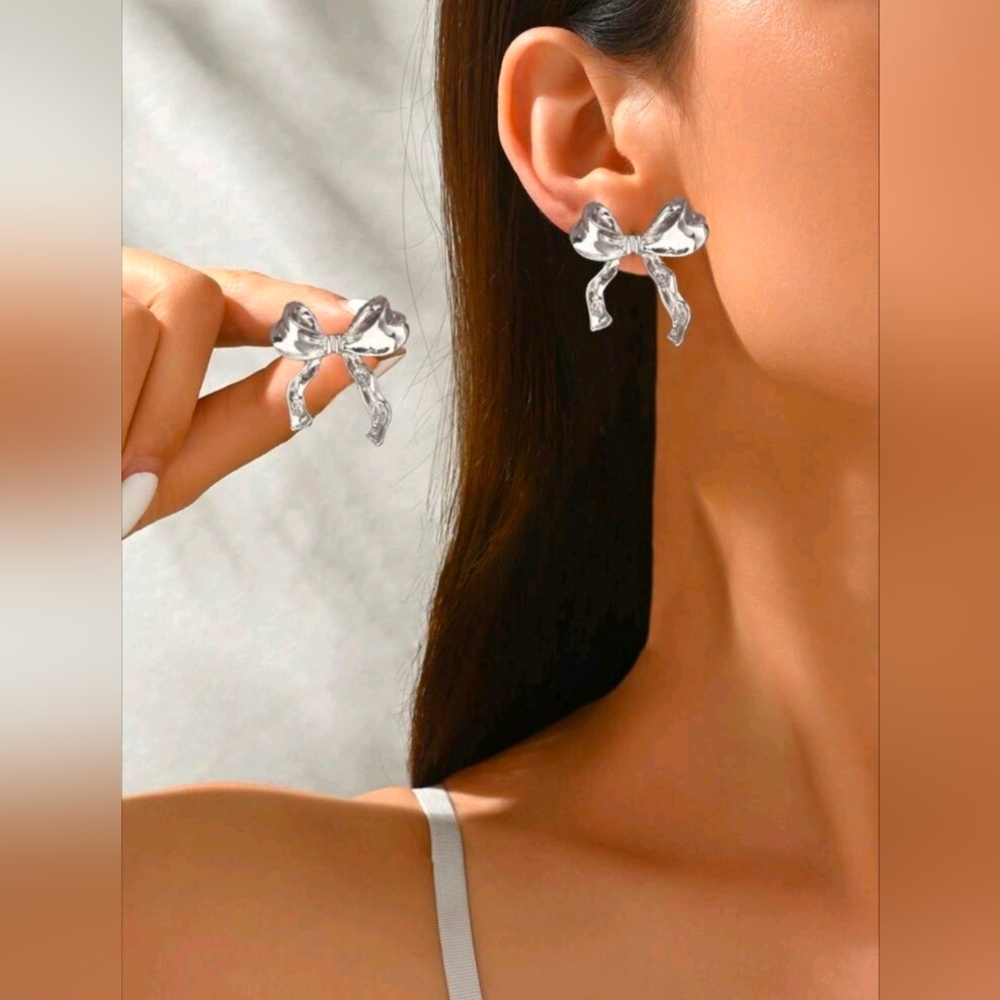 Fashion Jewelry Elegant Silver Bow Earrings Y2K